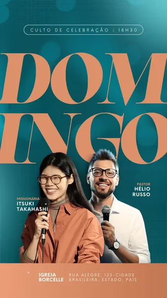 Story vertical Instagram com fundo azul-petróleo e bokeh. Título "DOMINGO" em laranja. Fotos de missionária e pastor sorrindo com microfones. Detalhes do "CULTO DE CELEBRAÇÃO | 18H30" e dados da igreja em barra laranja. Design moderno e convidativo para eventos religiosos.