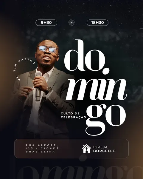 Post para Instagram com fundo escuro e gradiente marrom, destacando um pastor negro de óculos e terno cinza, segurando um microfone. O texto principal em branco diz 'domingo' e 'culto de celebração', com horários (9h30, 18h30) e informações da Igreja Borcelle. Design moderno e profissional para convites de eventos religiosos.