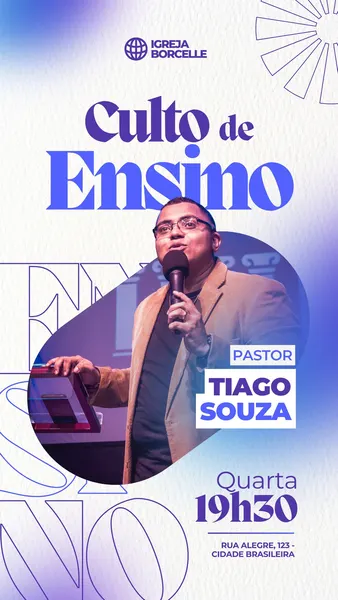 Template de Story para Instagram com fundo branco e azul degradê, apresentando um pastor falando ao microfone. O título 'Culto de Ensino' em destaque, com informações sobre o pastor e data/hora do evento.