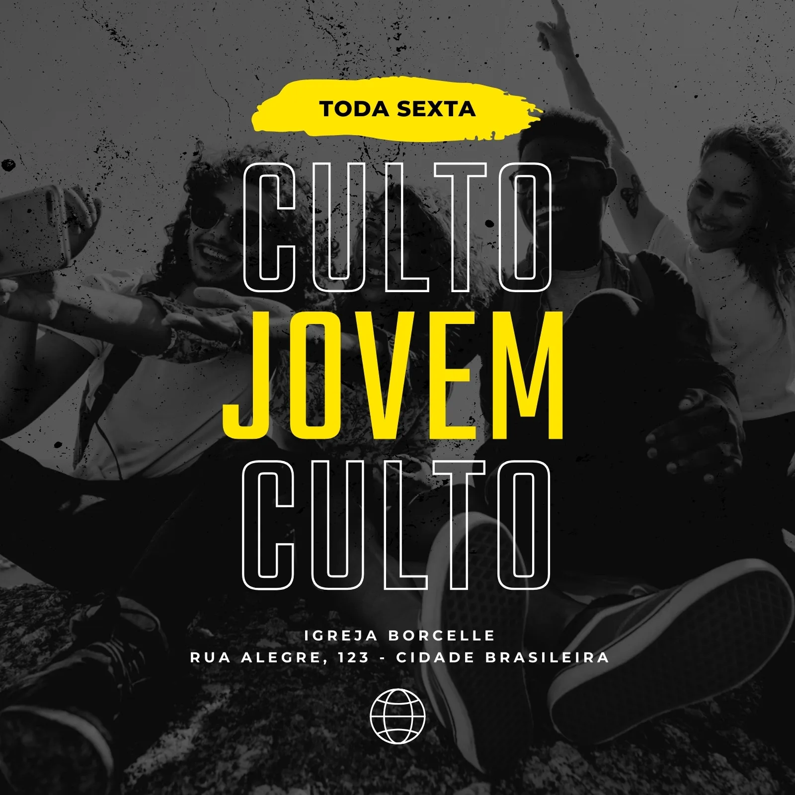 Post para Instagram com o título 'Culto Jovem' em destaque, em amarelo e branco sobre fundo escuro com textura. Inclui 'Toda Sexta' e informações da 'Igreja Borcelle', com jovens sorrindo ao fundo. Design moderno e impactante.