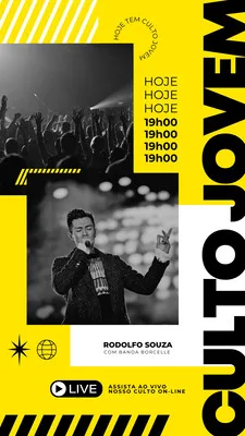 Template de Story para Instagram com fundo amarelo vibrante e elementos gráficos em preto e branco. Destaca uma foto de um cantor em um palco e uma multidão em um show, com texto sobre 'Culto Jovem' e 'Assista ao Vivo'.
