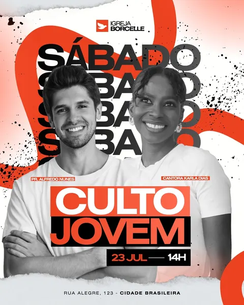 Template de post para Instagram com fundo branco e detalhes em laranja e preto. Destaca um casal sorridente, o título 'Culto Jovem' em letras grandes e informações sobre data e hora. Design moderno e vibrante para eventos religiosos.