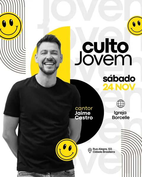 Post de Instagram para Culto Jovem com design moderno em branco, amarelo e preto. Apresenta um homem sorrindo (cantor Jaime Castro) ao centro, ícones de smiley faces amarelos e detalhes gráficos abstratos. O template divulga data, local e nome da igreja, ideal para convites vibrantes e engajadores nas redes sociais.