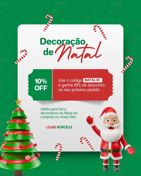 Post de Instagram/Facebook com tema natalino, fundo verde estampado com biscoitos de gengibre. Em destaque, um cupom de desconto de 10% em vermelho e verde para 'Decoração de Natal'. Há uma árvore de Natal decorada e um Papai Noel acenando, com bengalas doces espalhadas, criando um ambiente festivo e promocional.