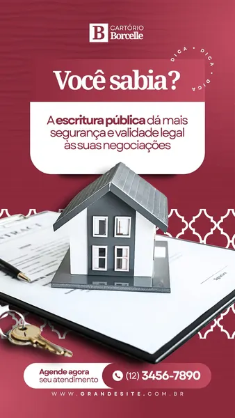 Template de Story para Instagram com fundo vinho e branco, apresentando um modelo de casa sobre documentos e chaves. O texto 'Você sabia?' e uma dica sobre escritura pública são destacados, com informações de contato do cartório.