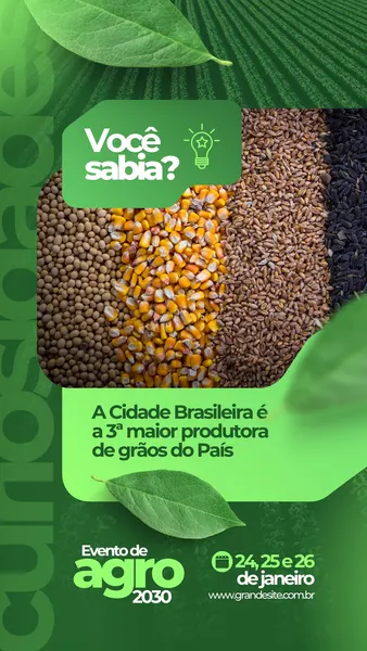 Um Story para Instagram com fundo verde e branco, apresentando a pergunta 'Você Sabia?' sobre grãos. Abaixo, uma imagem com diferentes tipos de sementes e informações sobre a produção agrícola brasileira e detalhes de um evento de agronegócio.