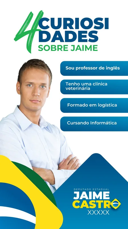 Template de Story para Instagram com o título '4 Curiosidades Sobre Jaime', apresentando um homem de camisa branca e lista de suas formações e experiências. Inclui elementos da bandeira do Brasil e o nome do candidato.