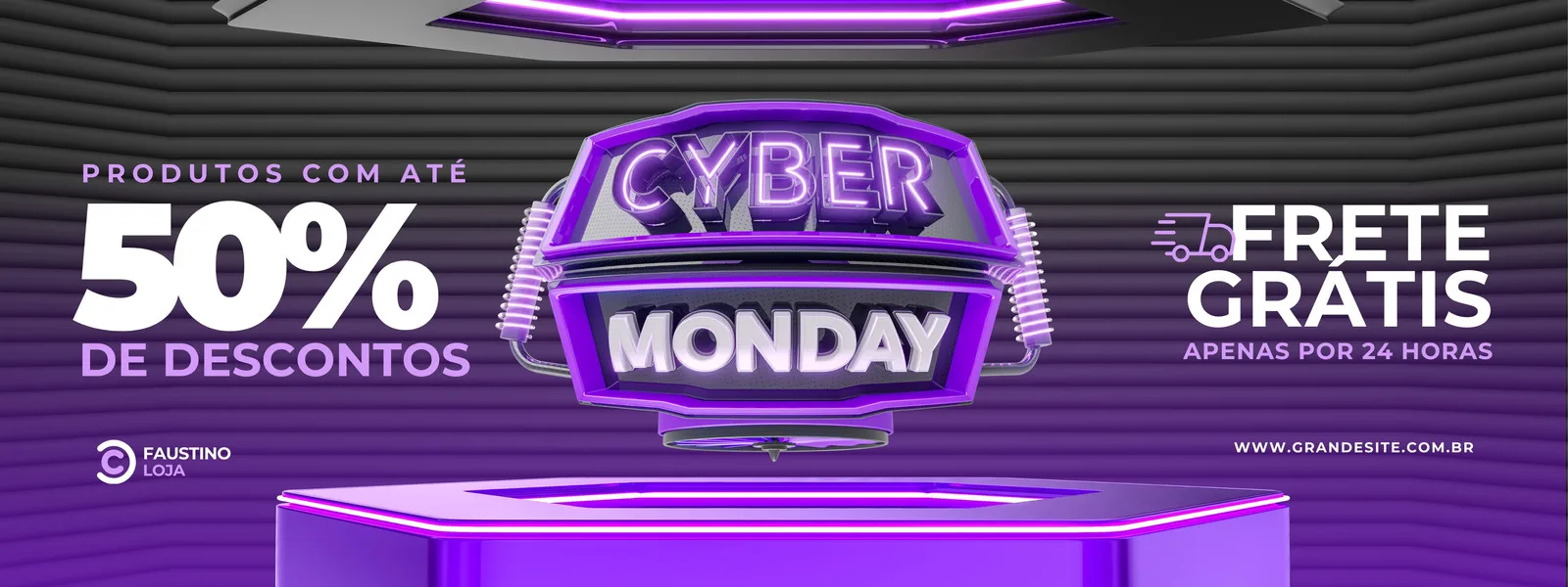 Banner horizontal com tema Cyber Monday em tons de lilás, cinza e branco. Destaca 'Produtos com até 50% de descontos' e 'Frete Grátis apenas por 24 horas'. Um logo de loja e um site estão visíveis.