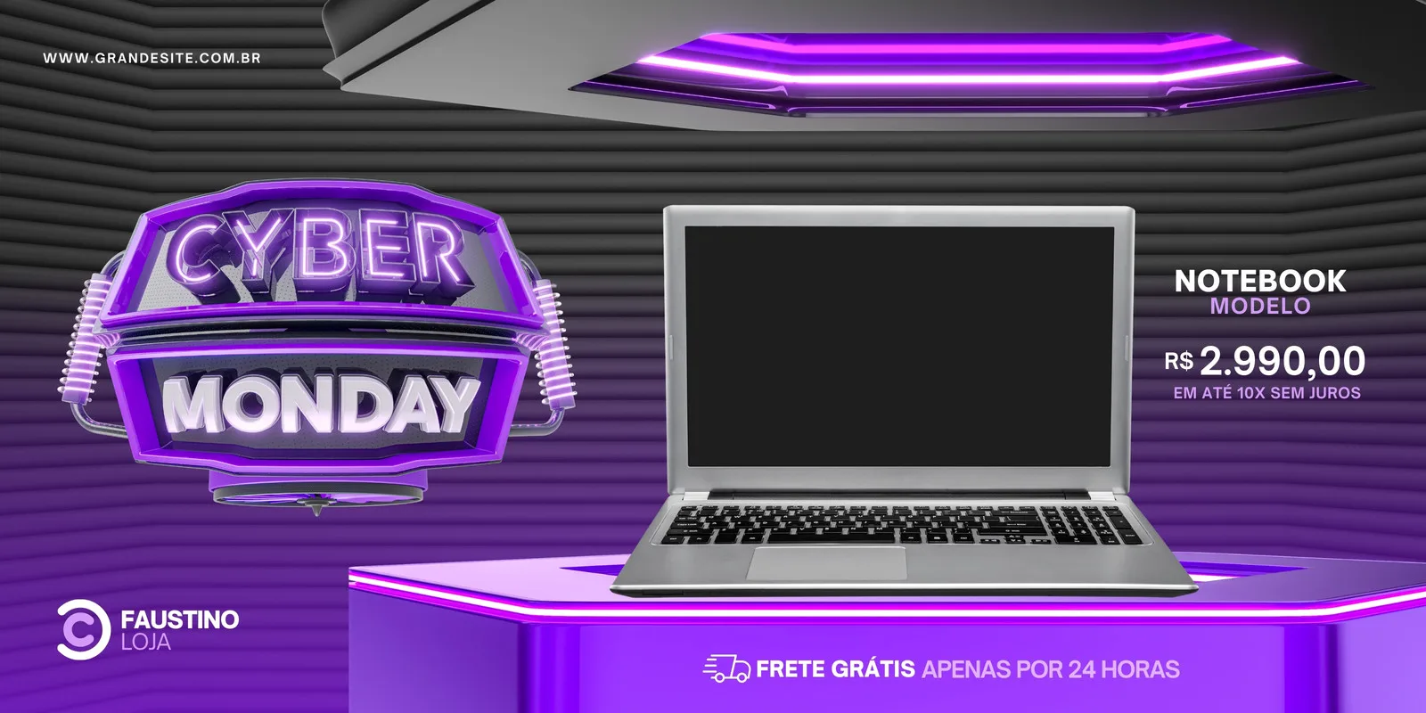 Banner horizontal de Cyber Monday com um notebook em destaque, preço de R$ 2.990,00 e frete grátis. O design utiliza tons de lilás, cinza e branco, com iluminação neon roxa vibrante, criando um visual moderno e tecnológico para promoções online.