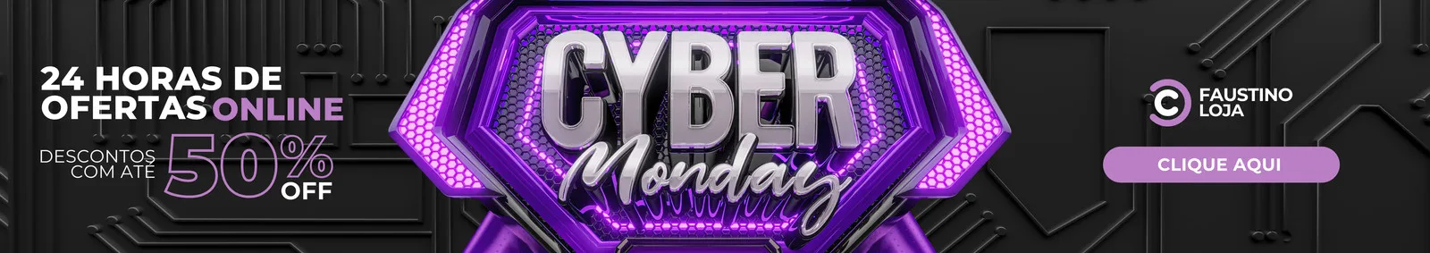 Banner horizontal roxo, cinza e branco para Cyber Monday. Destaca '24 HORAS DE OFERTAS ONLINE' e 'DESCONTOS COM ATE 50% OFF'. O centro exibe 'CYBER Monday' em 3D com brilho neon. Inclui botão 'CLIQUE AQUI' e logo de loja.