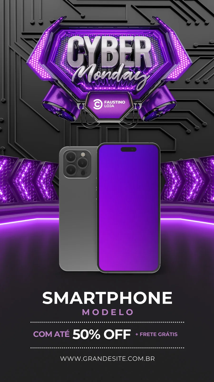 Template de Story para Instagram com o tema Cyber Monday, destacando um smartphone em tons de roxo, cinza e branco. O design inclui elementos futuristas e luzes neon, com a oferta de até 50% de desconto e frete grátis.