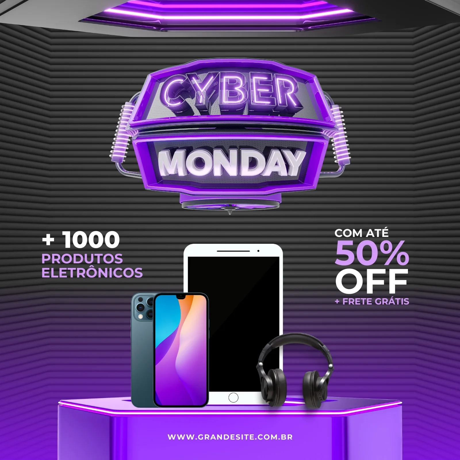 Post de Instagram para Cyber Monday com fundo preto e detalhes em roxo e lilás. Apresenta um logo 3D estilizado de 'Cyber Monday', smartphones, um tablet e fones de ouvido, destacando 'Até 50% OFF' e '+1000 Produtos Eletrônicos'.