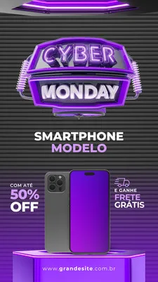 Template de Story para Instagram com tema Cyber Monday. Apresenta um título em neon roxo e branco com 'Cyber Monday', seguido por 'Smartphone Modelo'. Abaixo, um smartphone em destaque com oferta de 'Até 50% OFF' e 'Ganhe Frete Grátis'. O fundo é cinza escuro com listras e uma base roxa brilhante.