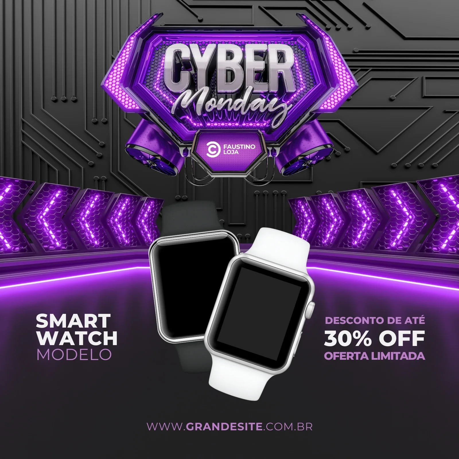 Post de Instagram com tema Cyber Monday, apresentando dois smartwatches, um preto e um branco, com iluminação roxa vibrante. O título 'Cyber Monday' em destaque, com um logo de loja e a oferta de '30% OFF' visível.