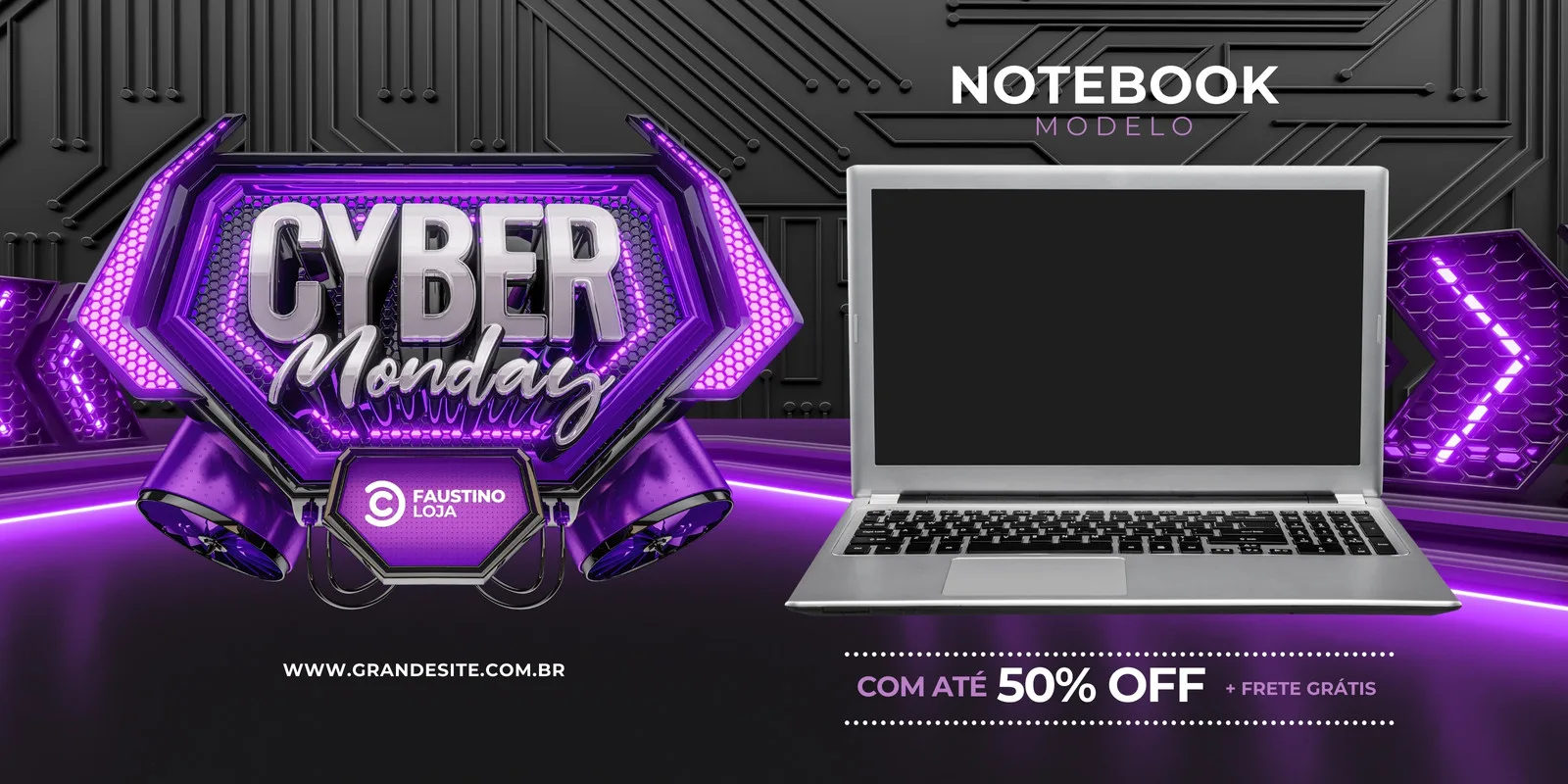 Banner horizontal em tons de roxo, cinza e preto para Cyber Monday. Um laptop moderno está em destaque ao lado de um logo hexagonal com a inscrição "Cyber Monday" e "Faustino Loja". Abaixo, a oferta "Com até 50% OFF + Frete Grátis" e o site "www.grandesite.com.br".