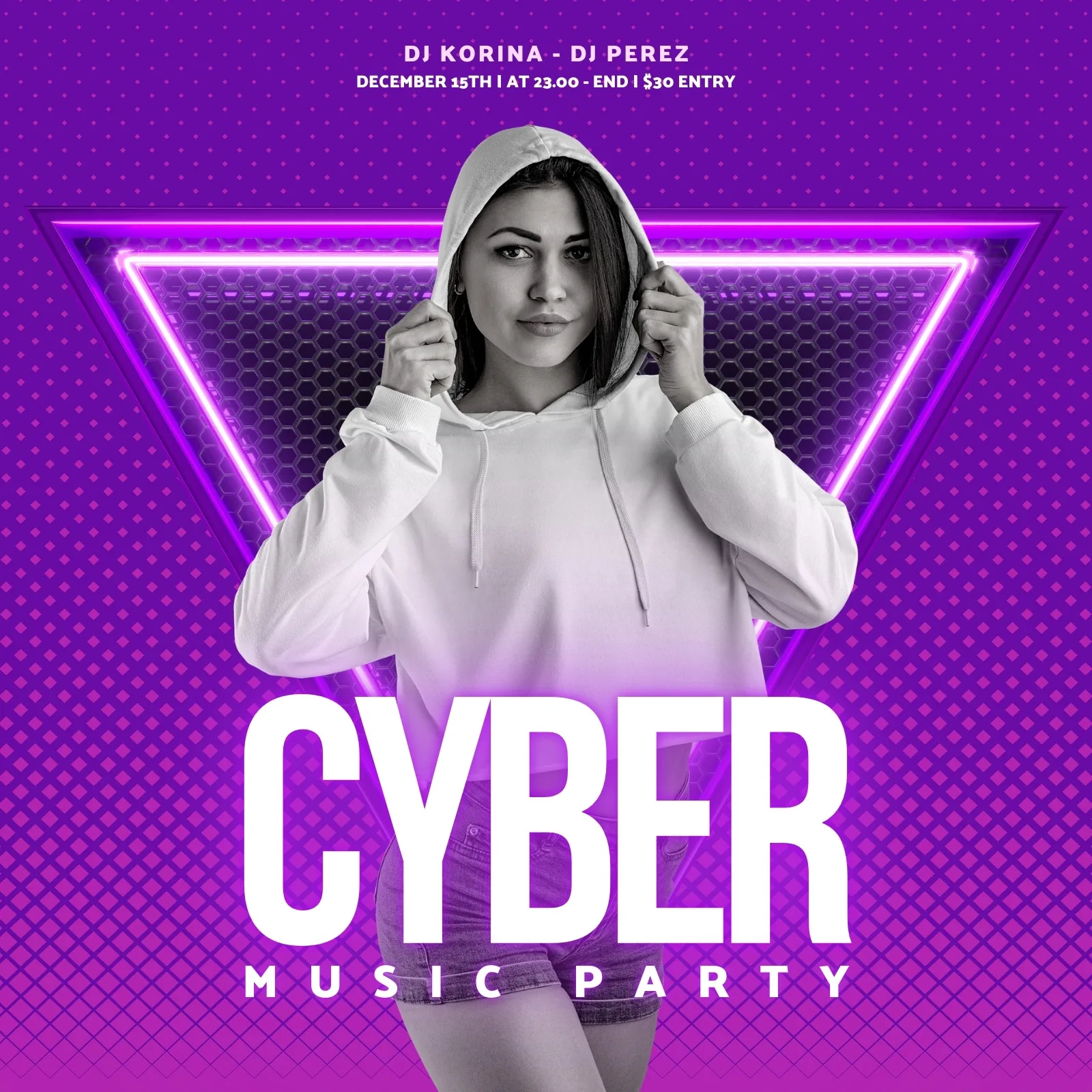 Template de post para Instagram com fundo roxo vibrante e detalhes em neon rosa. Uma mulher com capuz branco e shorts jeans é o foco central, com a palavra "CYBER" em destaque. Ideal para divulgar eventos de música eletrônica e festas.