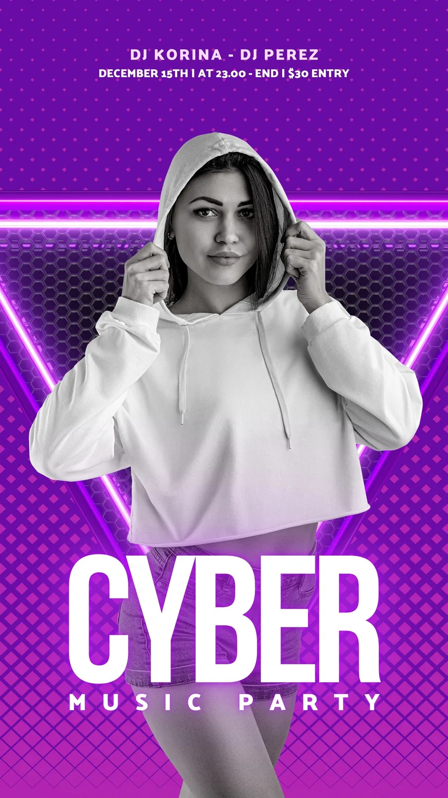 Template de Story para Instagram com tema de festa de música eletrônica 'Cyber Music Party'. Apresenta uma mulher com capuz branco, fundo roxo com padrões geométricos e luzes neon vibrantes. Inclui espaço para nome de DJs e detalhes do evento.