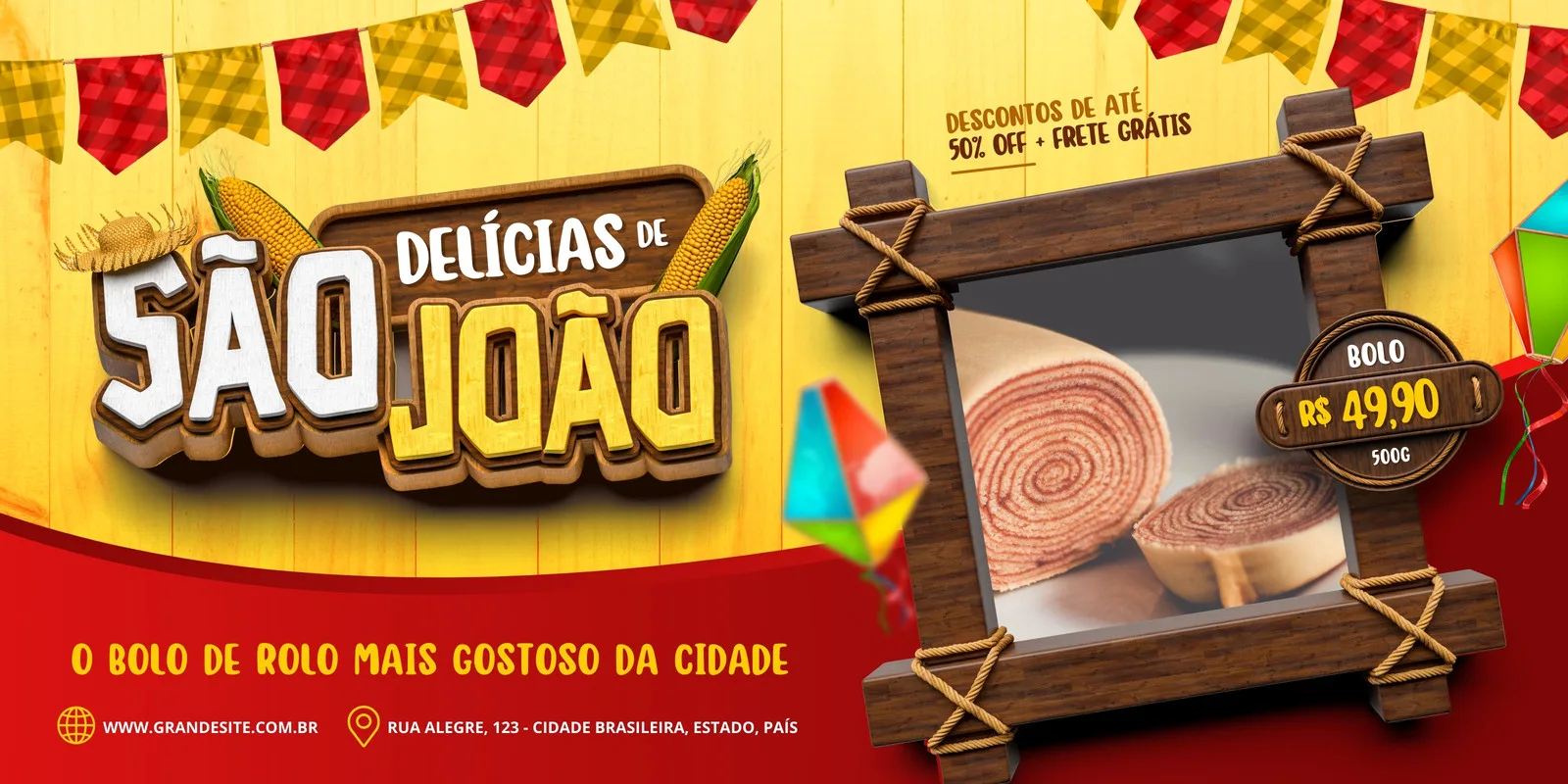 Banner horizontal de festa junina com tema 'Delícias de São João'. Destaque para um bolo de rolo com preço e promoções, decorado com bandeirinhas, milho e chapéu de palha. Cores vibrantes em amarelo, vermelho e marrom.