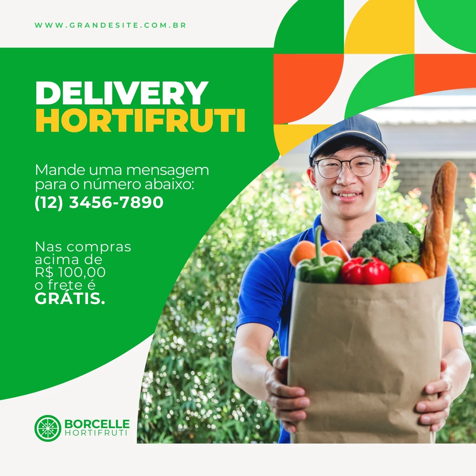 Homem sorridente com óculos e boné azul, segurando uma sacola de papel cheia de frutas e vegetais frescos, como brócolis, pimentão e tomates. O fundo tem um design gráfico com formas geométricas nas cores verde, laranja e amarelo, com o texto 'Delivery Hortifruti'.