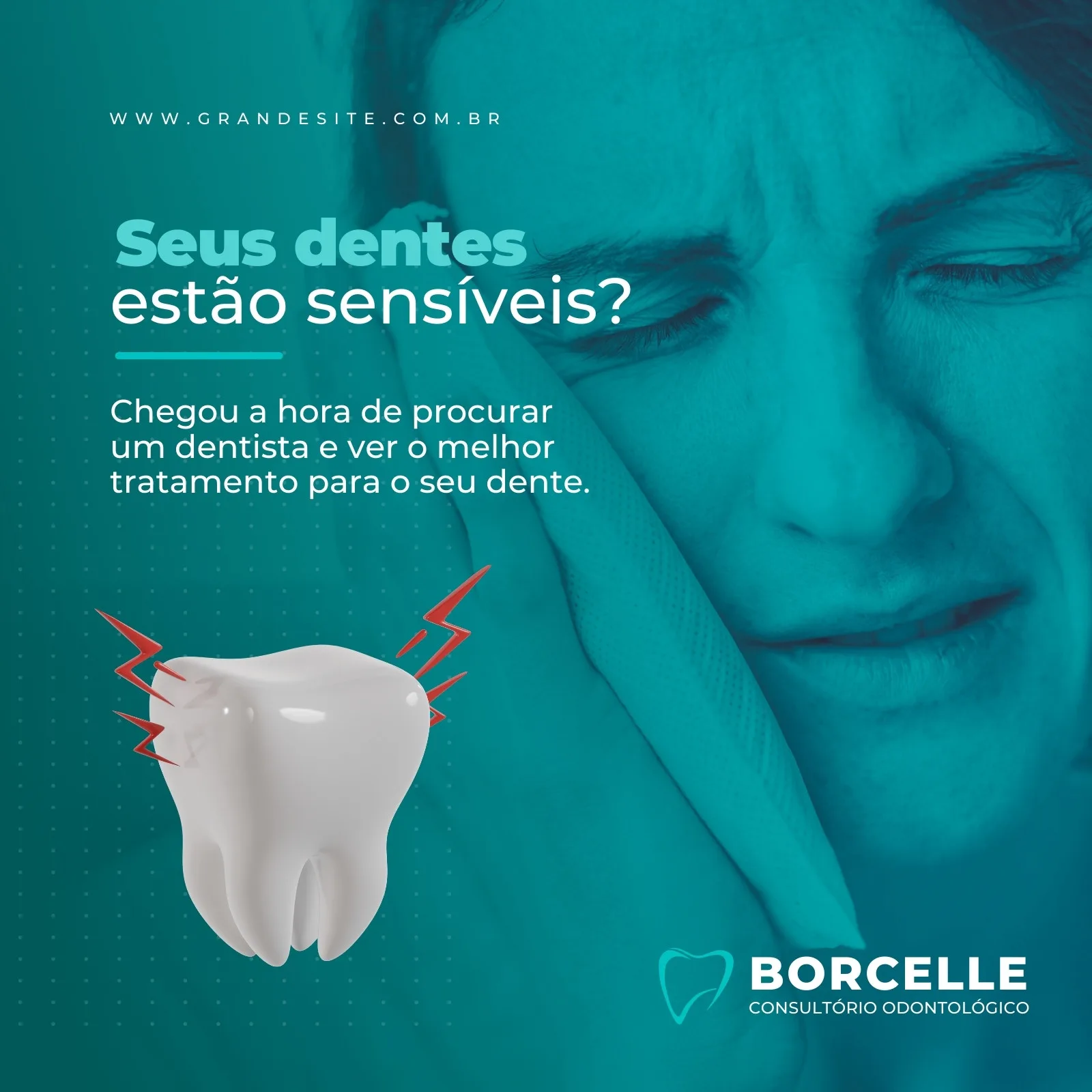 Post de feed para Instagram com fundo azul e branco, apresentando um dente com raios vermelhos indicando dor e uma mulher com expressão de sofrimento. O texto principal questiona "Seus dentes estão sensíveis?" e convida a procurar um dentista.