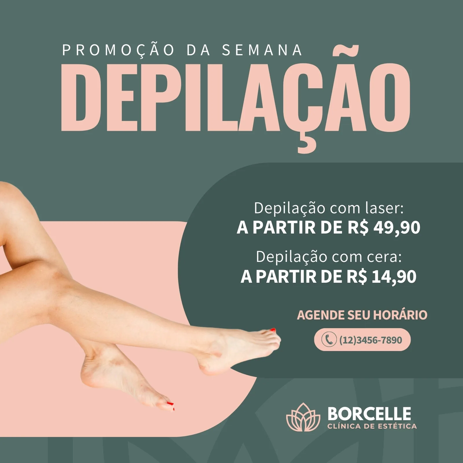 Post de Instagram para clínica de estética promovendo depilação a laser e cera com preços a partir de R$ 49,90 e R$ 14,90. O design em tons de verde e rosa inclui uma imagem de pernas femininas e um botão para agendamento.