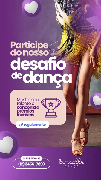 Story de Instagram em tons de roxo vibrante e bege, com uma dançarina de vestido amarelo com franjas em movimento. O design destaca um "Desafio de Dança", incentivando a participação e a chance de ganhar prêmios, com ícone de troféu. Inclui um campo para contato e o logo "Borcelle Dança" na parte inferior.