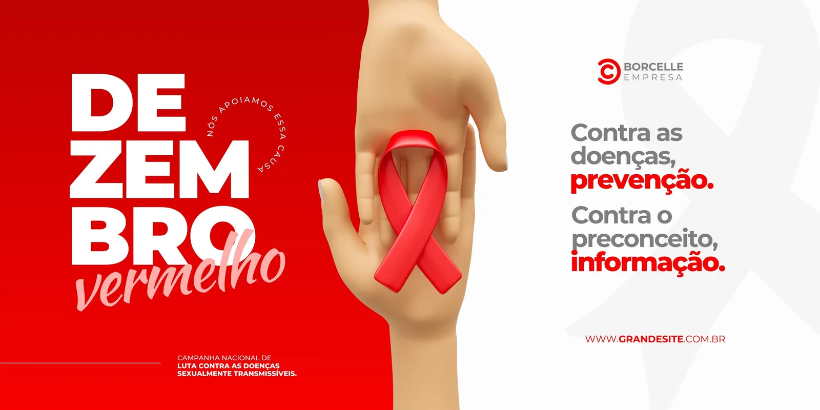 Banner horizontal com fundo vermelho e branco para a campanha Dezembro Vermelho. Destaca a frase 'Dezembro Vermelho' em letras grandes, uma mão segurando um laço vermelho e mensagens sobre prevenção e informação contra doenças sexualmente transmissíveis.