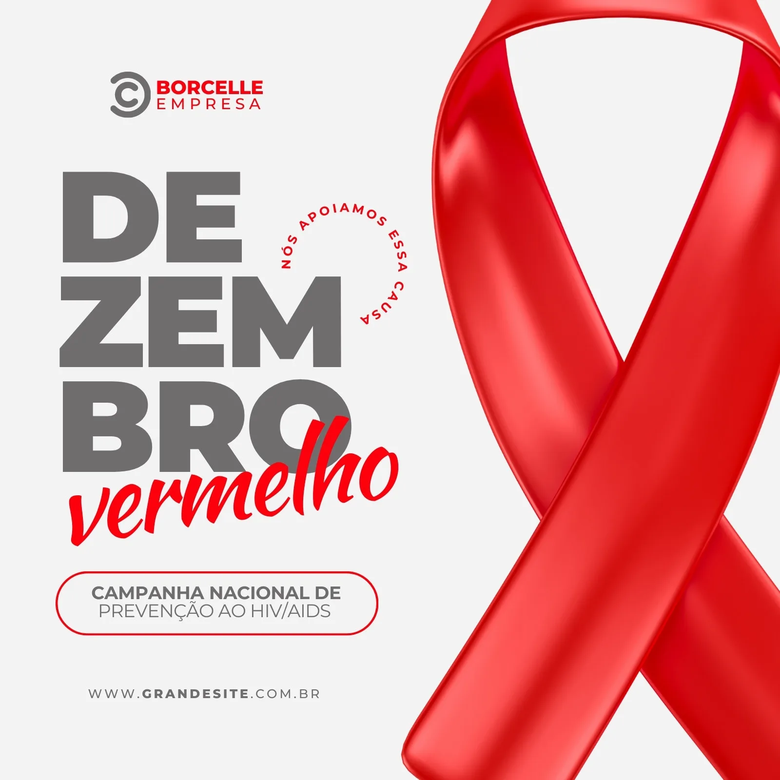 Template de post para Instagram com fundo branco e elementos em vermelho e cinza. Destaca a frase 'Dezembro Vermelho' e um laço vermelho símbolo da campanha de prevenção ao HIV/AIDS. Inclui espaço para logo e website.