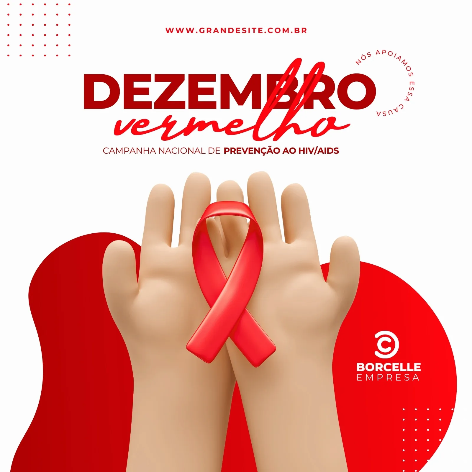 Post para Instagram com o tema Dezembro Vermelho, destacando a campanha nacional de prevenção ao HIV/AIDS. Duas mãos abertas seguram uma fita vermelha, símbolo da luta contra a AIDS, em um design clean com tons de vermelho e branco.