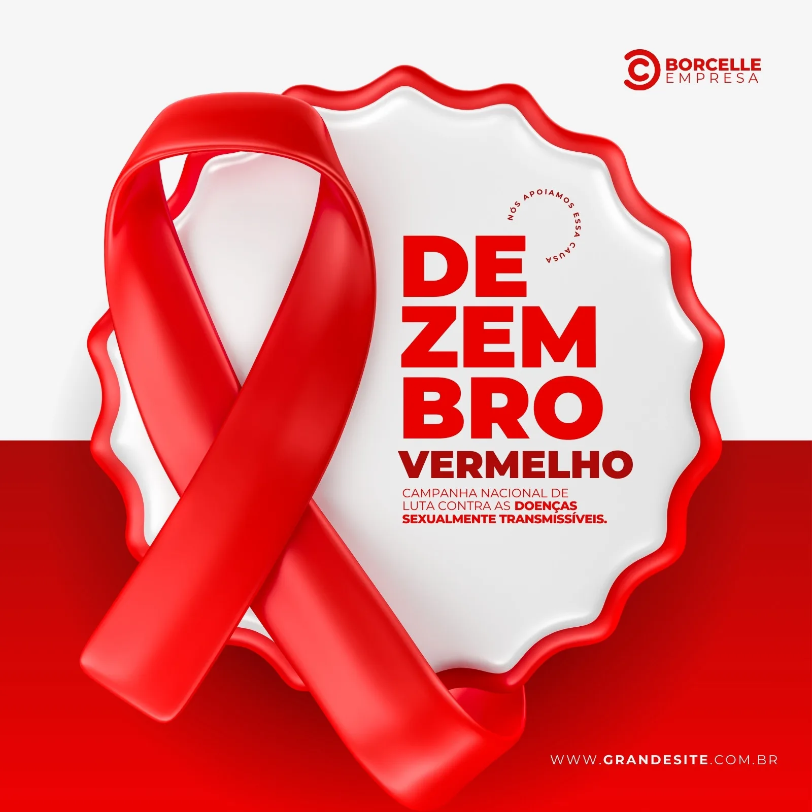 Template de post para redes sociais com fundo vermelho e branco, apresentando um laço vermelho proeminente e o texto 'Dezembro Vermelho: Campanha Nacional de Luta Contra as Doenças Sexualmente Transmissíveis'.