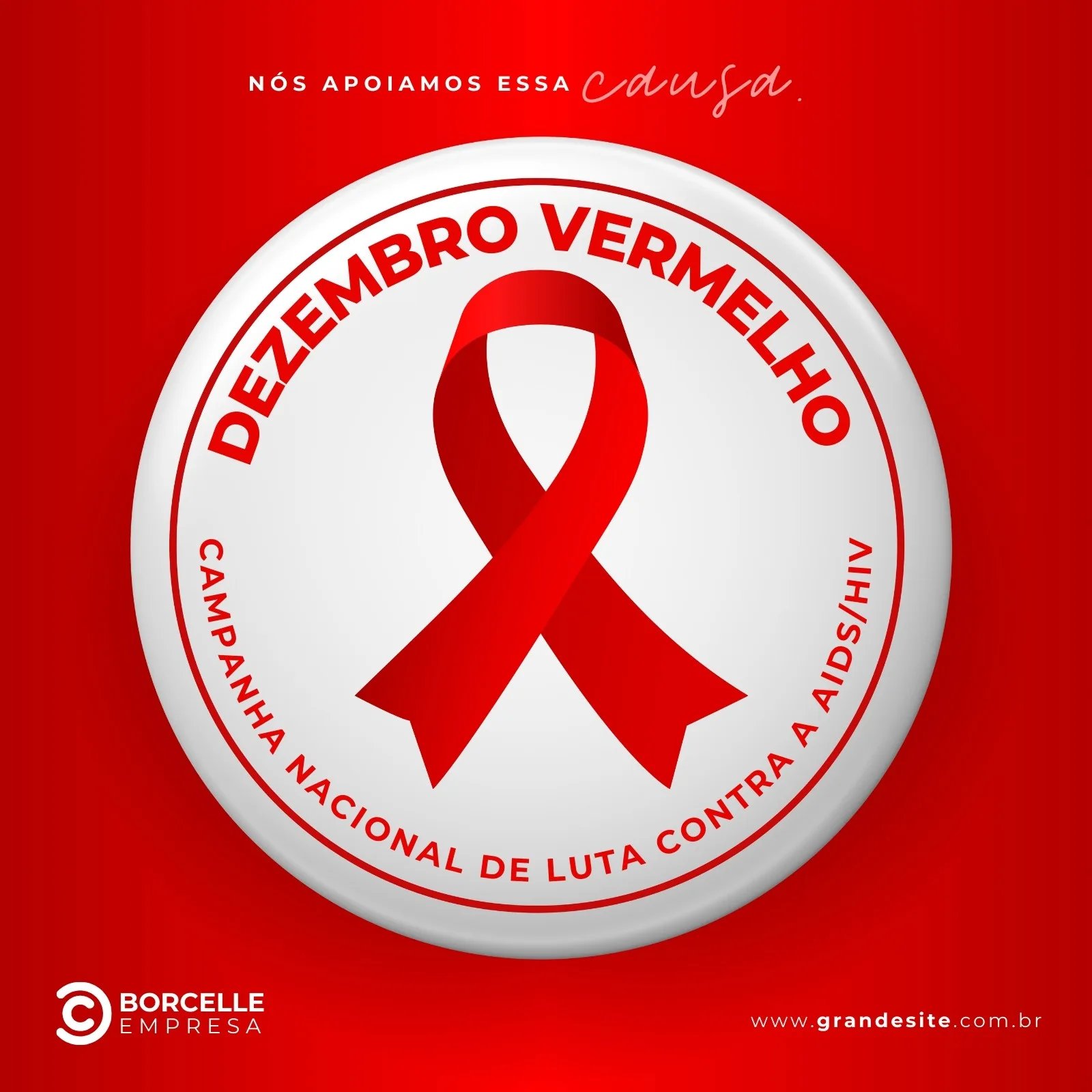 Post para redes sociais com fundo vermelho vibrante e um círculo branco central. Dentro do círculo, a frase 'Dezembro Vermelho' em arco, com uma fita vermelha simbolizando a luta contra AIDS/HIV no centro. Abaixo, 'Campanha Nacional de Luta contra a AIDS/HIV'.