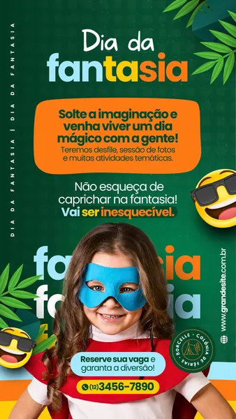 Uma menina com máscara de super-herói azul e capa vermelha sorri para a câmera, promovendo um evento de Dia da Fantasia. O fundo verde tem elementos laranjas e amarelos, com emojis de óculos escuros e plantas tropicais.