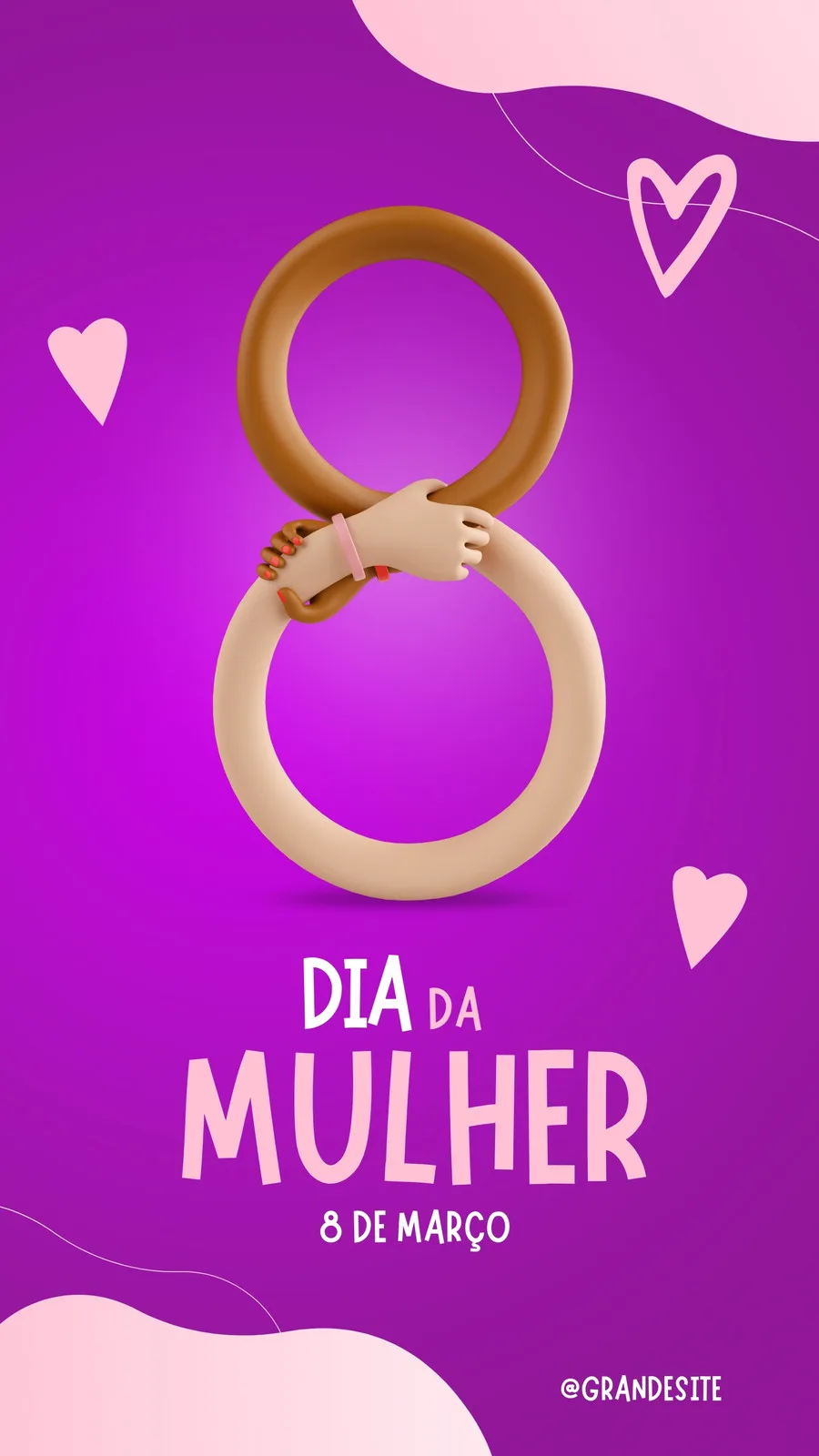 Template de Instagram Story para o Dia da Mulher, com fundo roxo gradiente. O número 8 é formado por braços de diferentes tons de pele se abraçando, com corações rosa e branco espalhados. O texto 'Dia da Mulher 8 de Março' aparece em destaque.