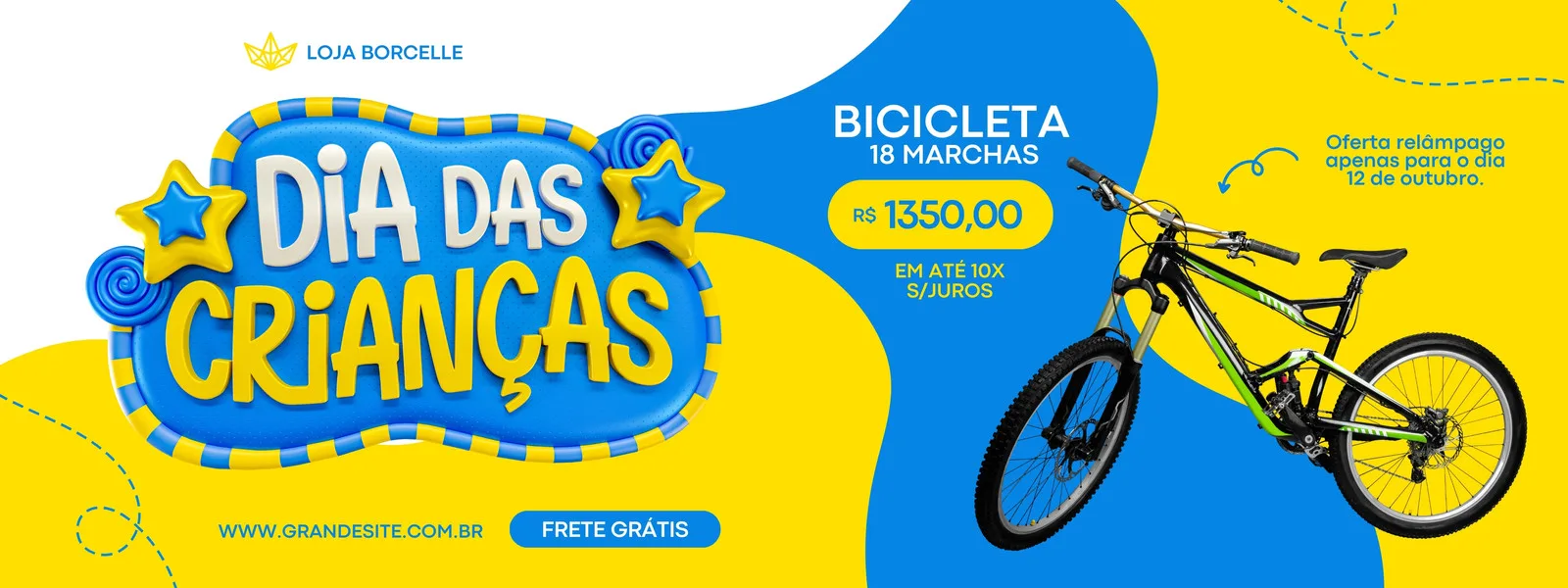Banner horizontal azul e amarelo com o tema 'Dia das Crianças', destacando uma bicicleta de montanha com preço promocional e a oferta de frete grátis. Ideal para lojas de comércio.