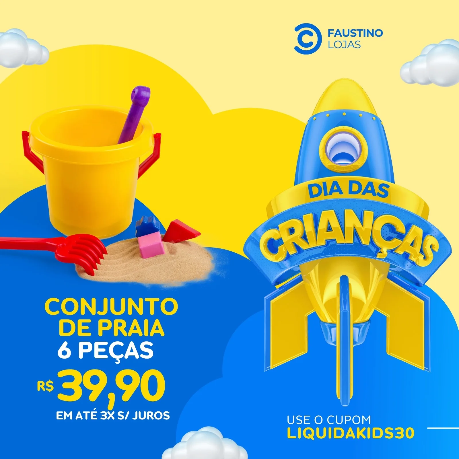 Post de Instagram com tema de Dia das Crianças em amarelo e azul. Destaca um conjunto de praia infantil em um monte de areia e um foguete com a inscrição 'Dia das Crianças'. Promove uma oferta com preço e cupom.