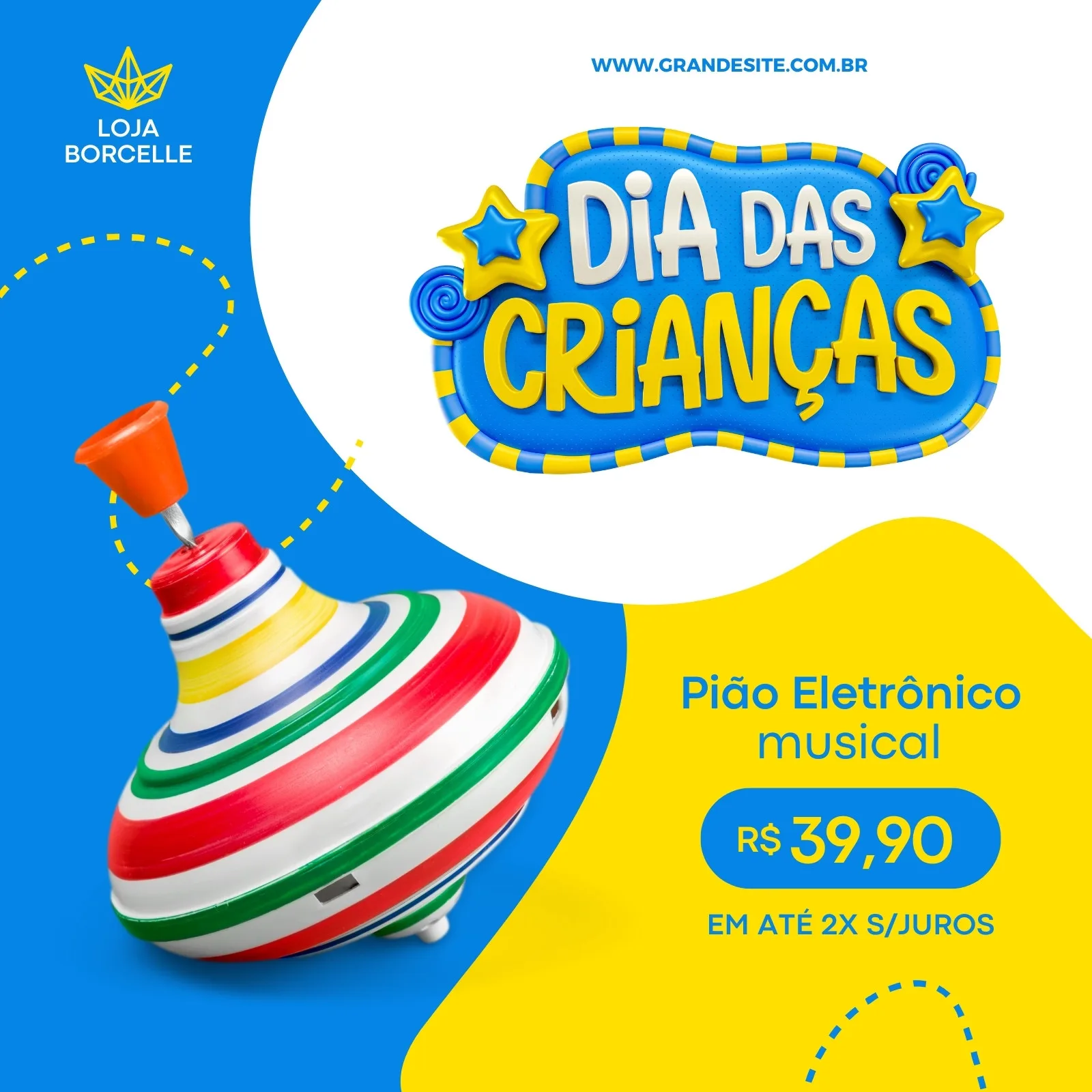 Post para Instagram com tema Dia das Crianças, destacando um pião eletrônico musical em promoção. O design usa cores vibrantes azul, amarelo e branco, com o título 'Dia das Crianças' em destaque e informações de preço.