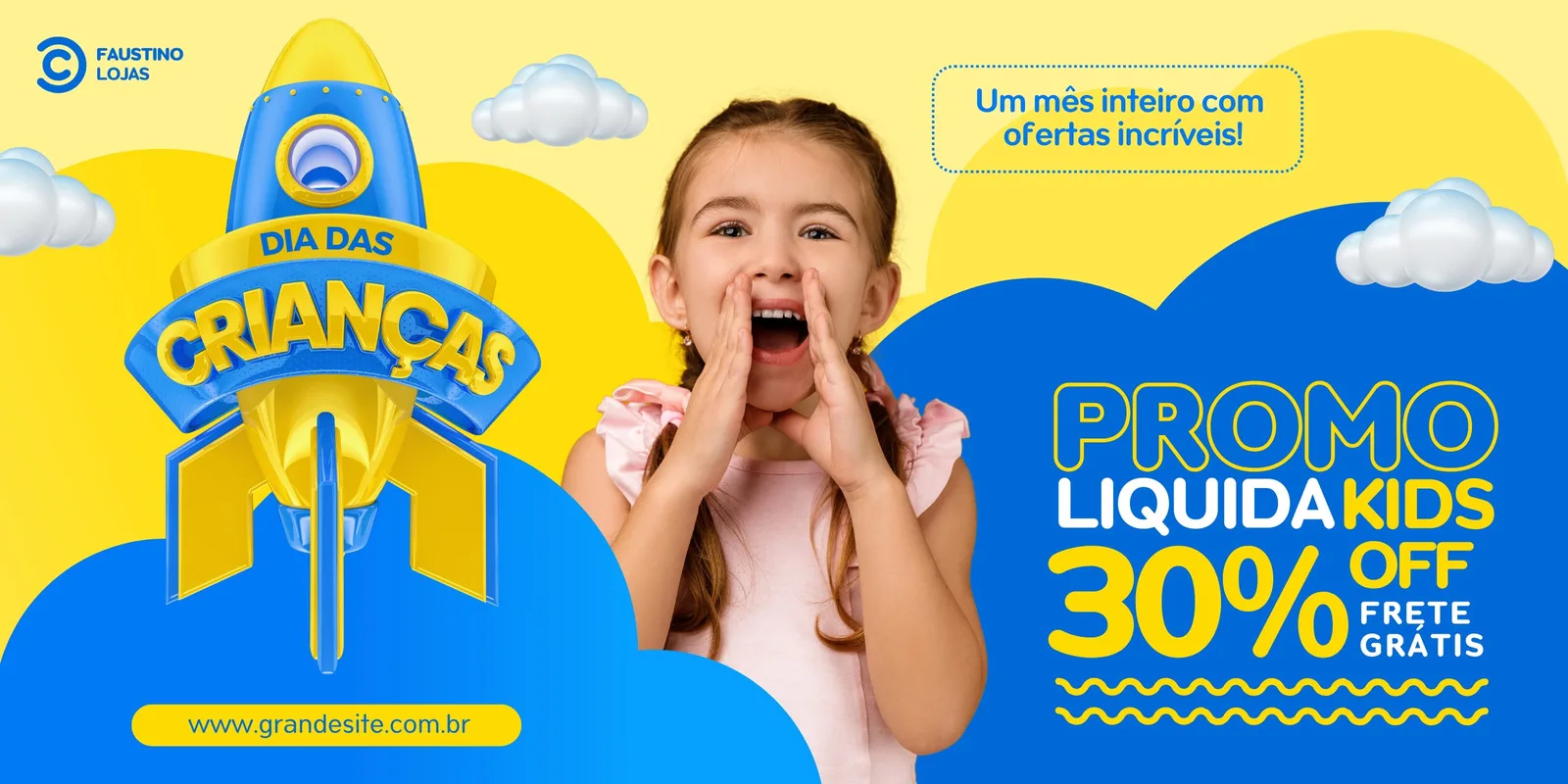 Banner horizontal azul, amarelo e branco com o tema Dia das Crianças. Uma menina sorri e grita, um foguete estilizado com "Dia das Crianças" em destaque. Promoção "Liquida Kids" com 30% OFF e frete grátis é exibida, com o site "grandesite.com.br" no rodapé.