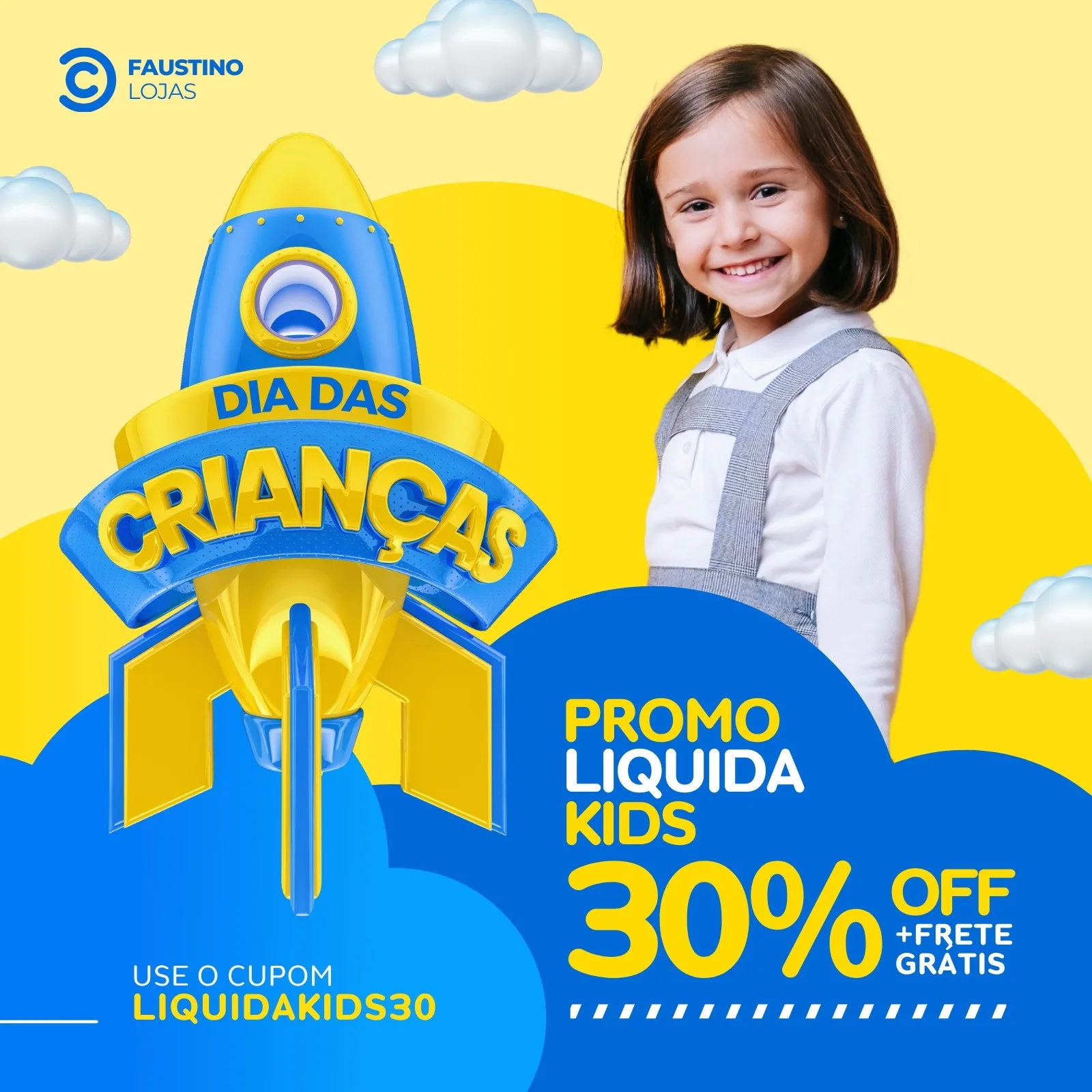 Post de Instagram com tema Dia das Crianças em amarelo e azul. Um foguete 3D com o texto 'Dia das Crianças' em destaque, ao lado de uma menina sorrindo. Promove 'Promo Líquida Kids 30% OFF + Frete Grátis'.