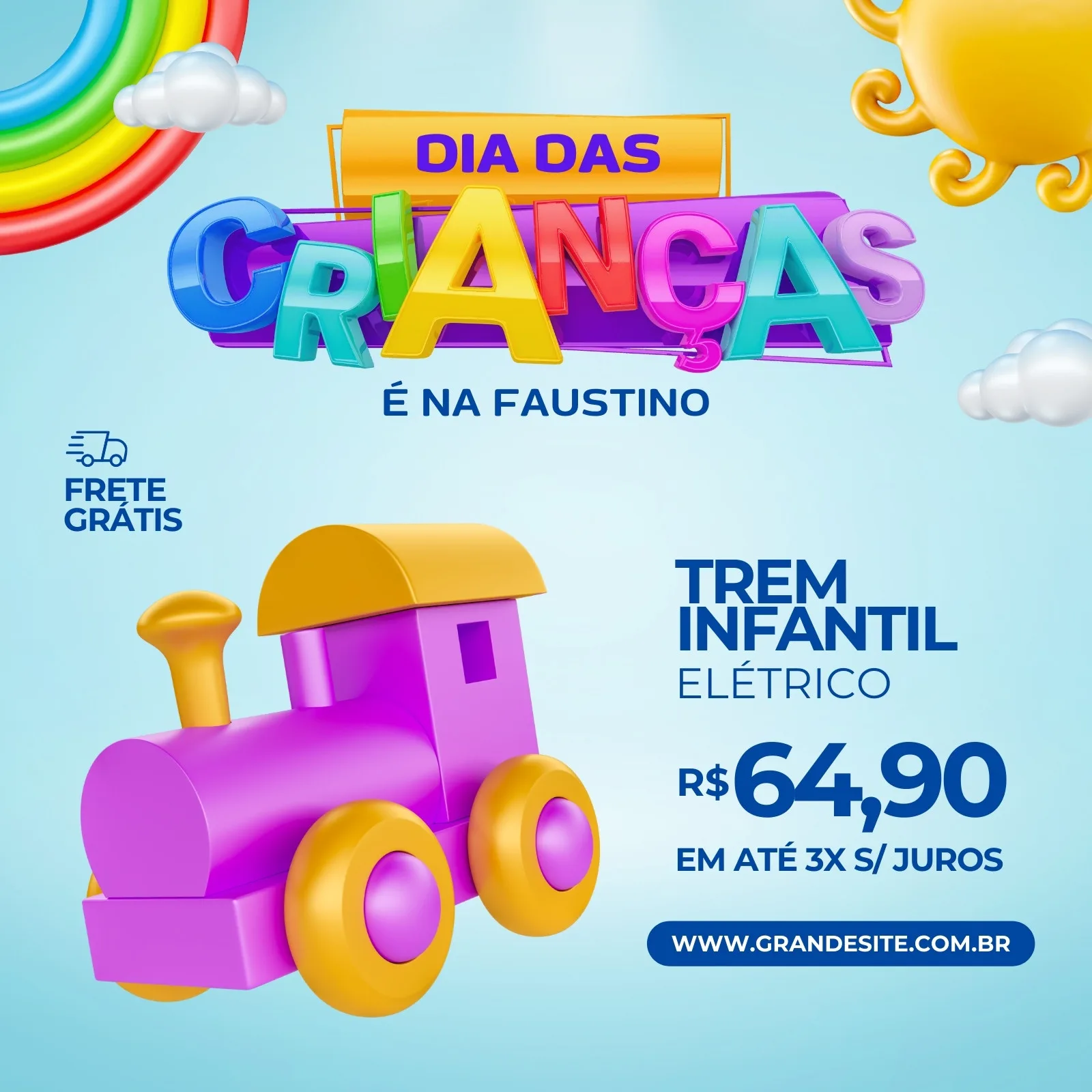 Post para redes sociais comemorando o Dia das Crianças, destacando um trem infantil elétrico roxo e amarelo em promoção com frete grátis. O fundo azul claro tem elementos lúdicos como um arco-íris e um sol.