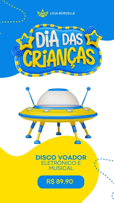 Template de Instagram Story para o Dia das Crianças com fundo azul e amarelo, apresentando um título chamativo em 3D e um brinquedo de disco voador eletrônico e musical em destaque, com preço promocional.