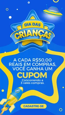 Template de Story para Instagram com fundo azul e elementos amarelos, celebrando o Dia das Crianças. Um foguete e um OVNI decoram a arte, que anuncia uma promoção de cupom e vale-compras, com um botão 'Cadastre-se'.