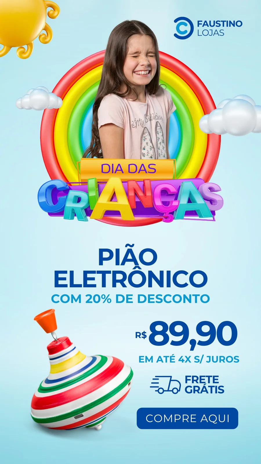 Story para Instagram com tema Dia das Crianças, apresentando uma menina sorrindo atrás de um arco-íris inflável. Um pião eletrônico colorido está em destaque com oferta de 20% de desconto e frete grátis, convidando para a compra.