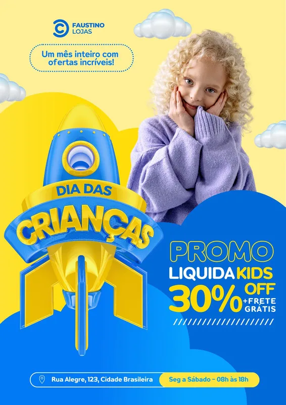 Um cartaz promocional para o Dia das Crianças com o tema 'Liquida Kids'. Apresenta um foguete azul e amarelo com o texto 'Dia das Crianças' e 'Promo 30% OFF + Frete Grátis'. Uma menina loira sorri ao lado. O fundo é amarelo e azul, com nuvens estilizadas.