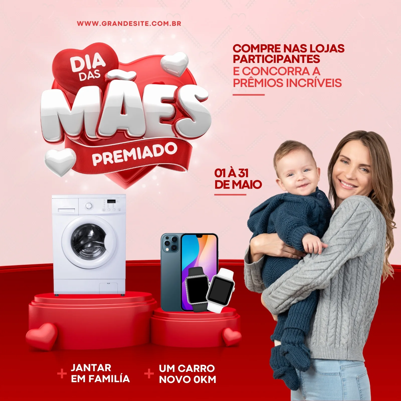 Post para Instagram com tema Dia das Mães, destacando a frase 'Dia das Mães Premiado'. Inclui imagens de uma máquina de lavar, iPhone, smartwatch, e um carro, além de uma mãe com seu bebê. Promove um sorteio de maio.