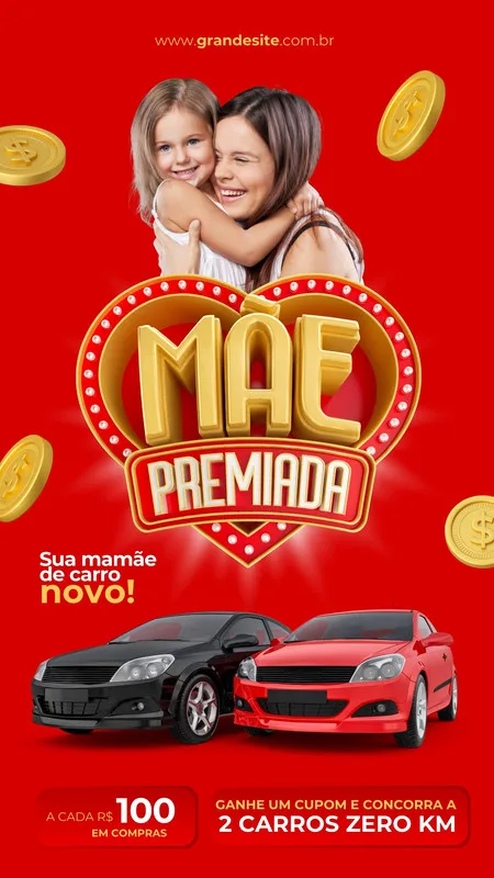 Template de Story para Instagram com tema de Dia das Mães. Fundo vermelho vibrante com moedas douradas e a frase 'Mãe Premiada' em destaque. Abaixo, dois carros e a promoção 'Ganhe um cupom e concorra a 2 carros zero km'.