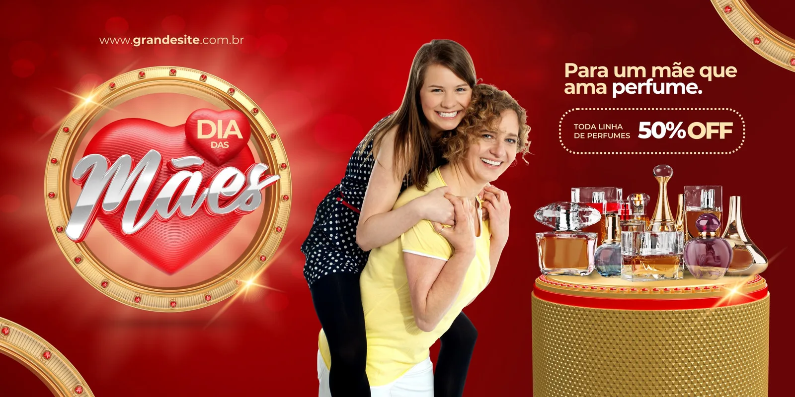 Banner horizontal vermelho com o logo 'Dia das Mães' em destaque. Duas mulheres sorriem, e ao lado, uma coleção de frascos de perfume em uma base dourada, com a oferta '50% OFF' visível. Ideal para promoções de perfume.