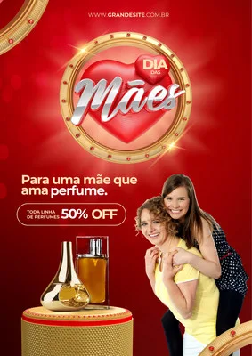 Um post para redes sociais com tema de Dia das Mães, apresentando uma promoção de 50% OFF em perfumes. O design é moderno, com cores vermelho e dourado, destacando um coração com a inscrição 'Dia das Mães' e imagens de frascos de perfume e duas mulheres sorrindo.