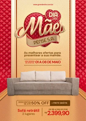 Cartaz promocional para o Dia das Mães com o tema 'As melhores ofertas para presentear a sua mamãe'. Destaca um sofá moderno em promoção com 50% OFF e frete grátis, com o período de 01 a 08 de maio.