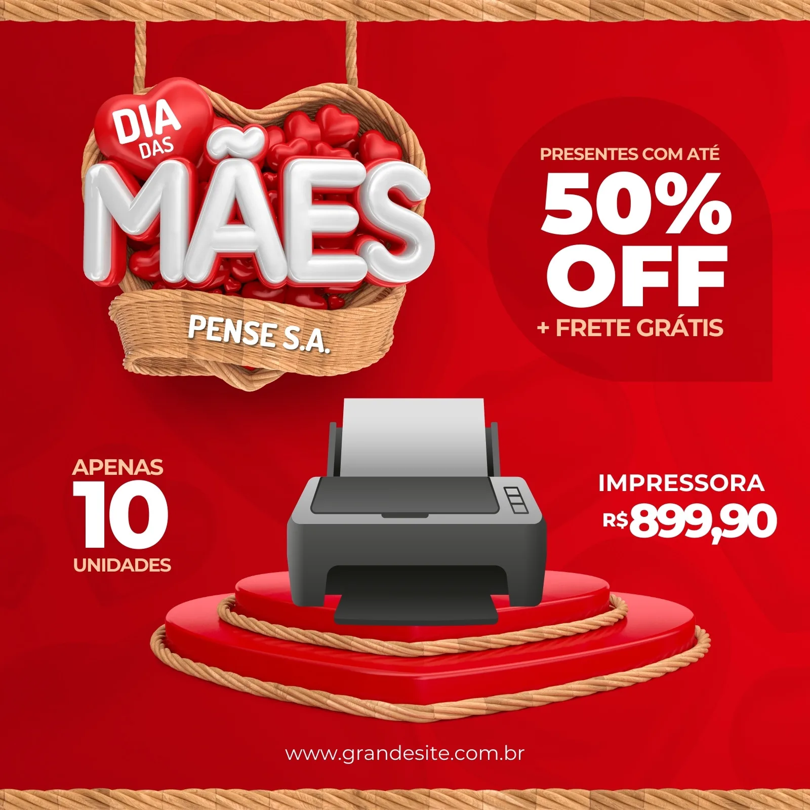 Post para redes sociais com tema de Dia das Mães em vermelho vibrante. Destaca uma impressora em promoção com 50% de desconto, frete grátis e preço especial. Inclui texto 'Apenas 10 unidades' e 'Presentes com até 50% OFF'.