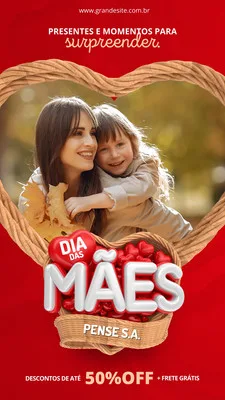 Template de Story para Instagram com tema de Dia das Mães, em tons de vermelho e com uma foto de mãe e filho abraçados. Destaca balões com a escrita 'Dia das Mães' e a oferta '50% OFF + Frete Grátis'.
